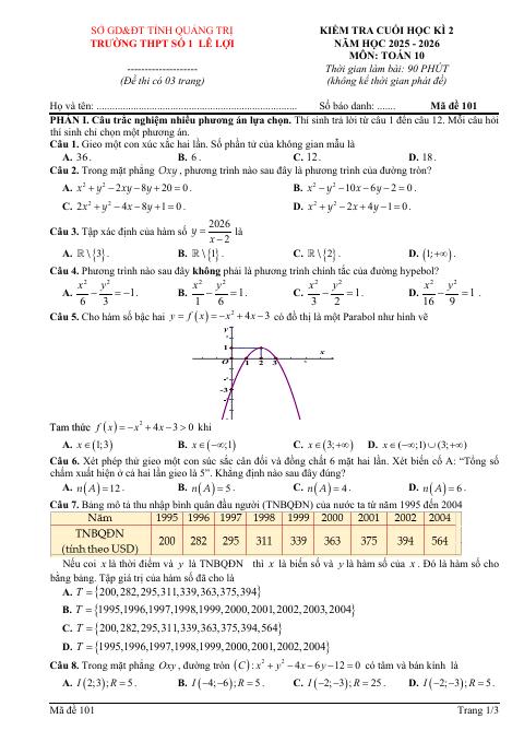 Đề thi Học kì 2 Toán 10 năm 2025-2026 trường THPT số 1 Lê Lợi (Quảng Trị)
